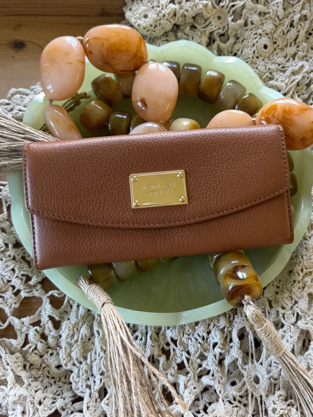 Michael Kors Cognac Pebbled Leather Continental Wallet with Gold Plaque
